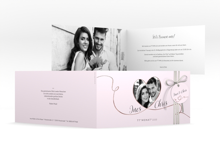 Hochzeitseinladung Dolce lange Klappkarte quer rosa rosegold