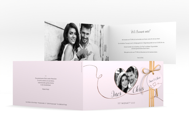 Hochzeitseinladung Dolce lange Klappkarte quer rosa rosegold
