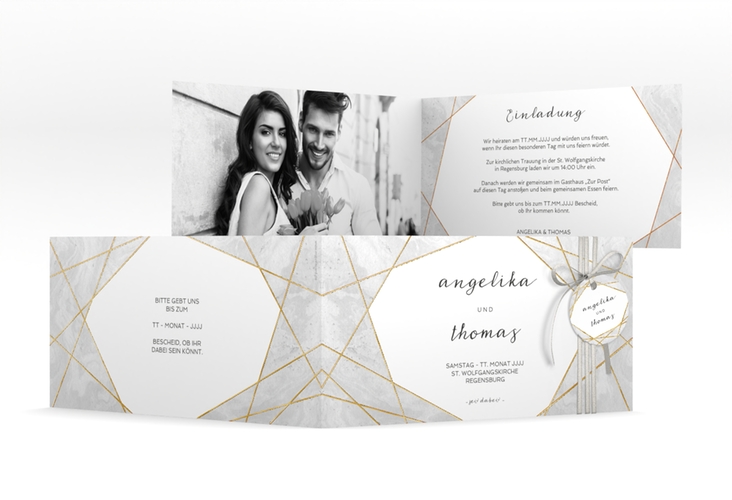 Hochzeitseinladung Asymmetry lange Klappkarte quer grau gold