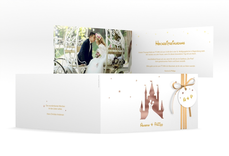 Hochzeitseinladung Castle lange Klappkarte quer gold rosegold