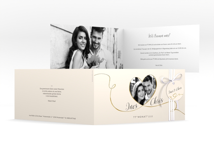 Hochzeitseinladung Dolce lange Klappkarte quer beige gold