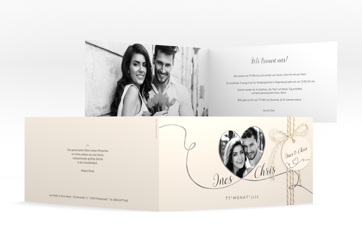 Hochzeitseinladung Dolce lange Klappkarte quer beige silber