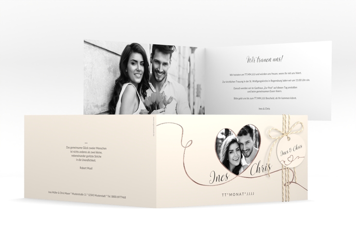 Hochzeitseinladung Dolce lange Klappkarte quer beige rosegold