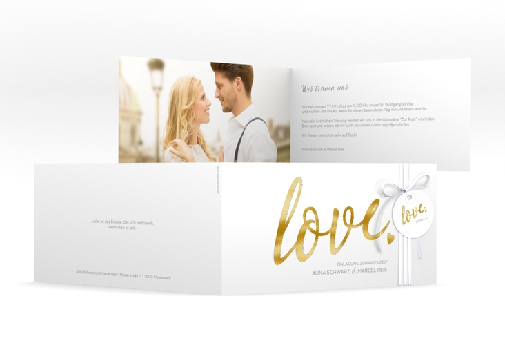 Hochzeitseinladung Glam lange Klappkarte quer weiss gold
