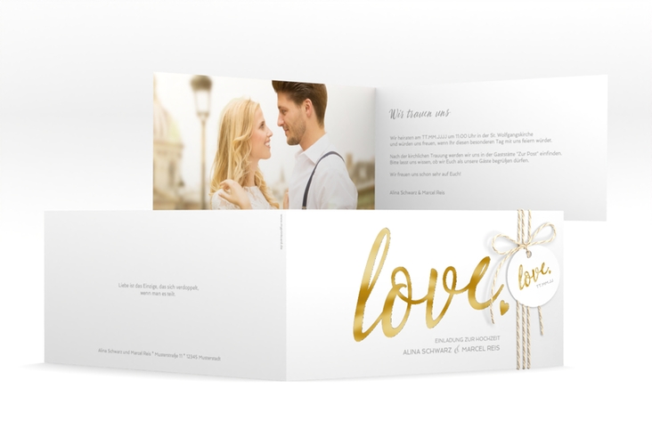 Hochzeitseinladung Glam lange Klappkarte quer weiss gold