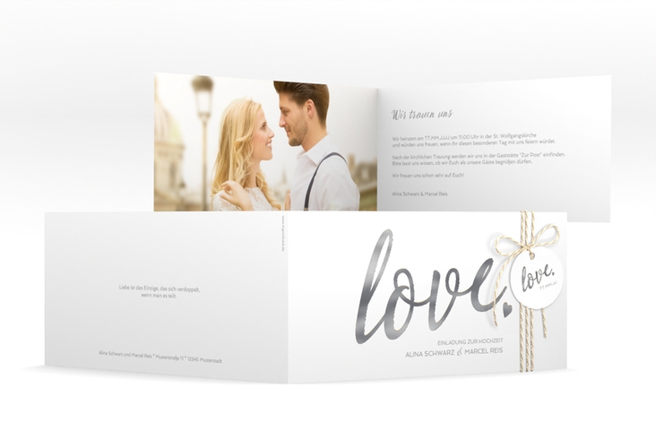 Hochzeitseinladung Glam lange Klappkarte quer weiss silber