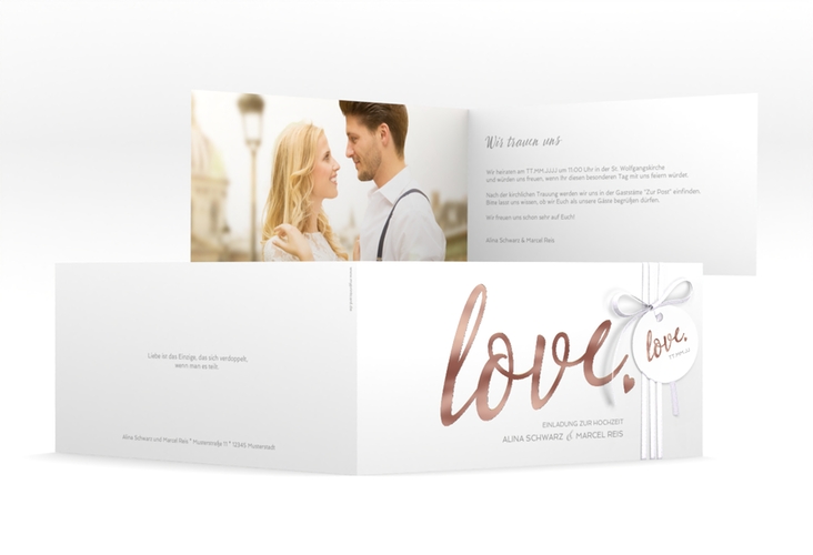 Hochzeitseinladung Glam lange Klappkarte quer weiss rosegold