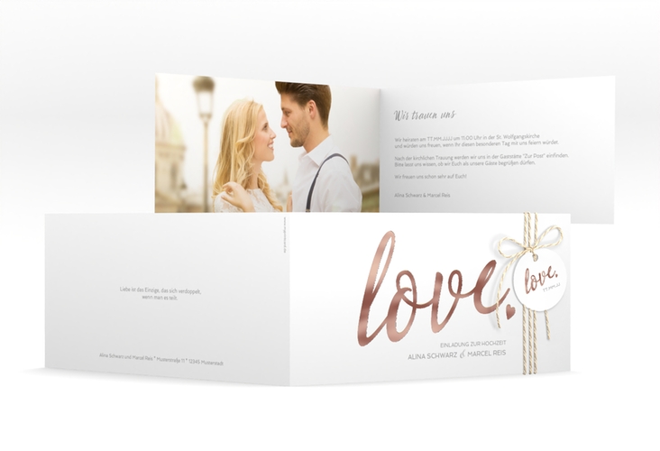 Hochzeitseinladung Glam lange Klappkarte quer weiss rosegold
