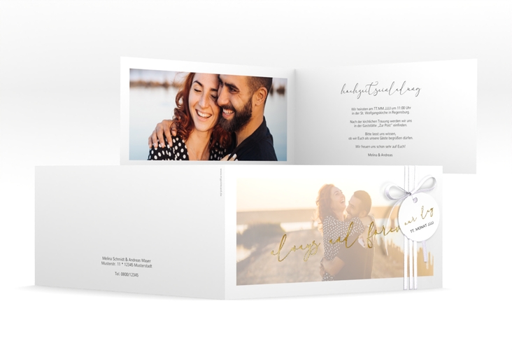 Hochzeitseinladung Lucent lange Klappkarte quer weiss gold