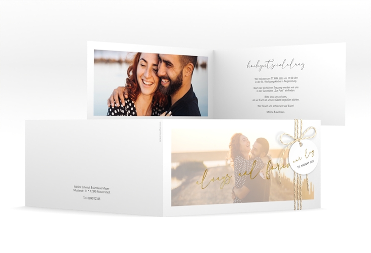 Hochzeitseinladung Lucent lange Klappkarte quer weiss gold