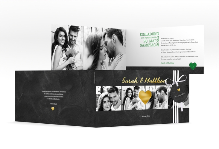 Hochzeitseinladung Sparkly lange Klappkarte quer gruen gold