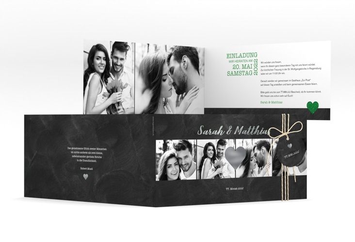 Hochzeitseinladung Sparkly lange Klappkarte quer gruen silber