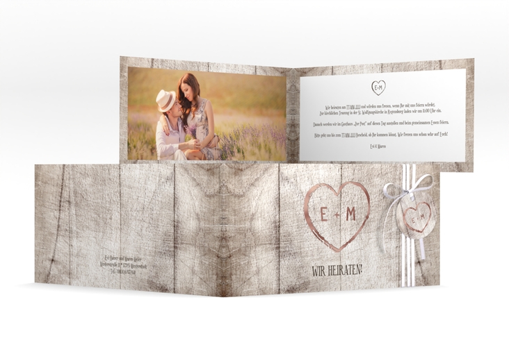 Hochzeitseinladung Wood lange Klappkarte quer weiss rosegold