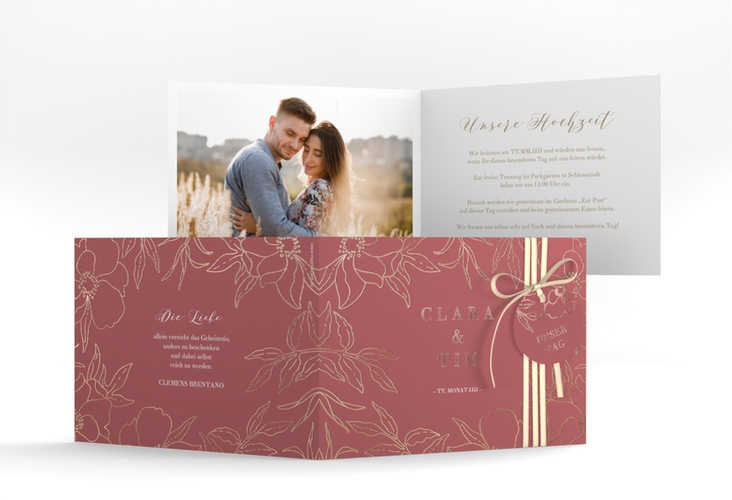 Hochzeitseinladung Contour A6 Klappkarte quer rot rosegold