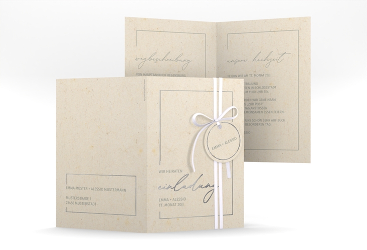 Einladungskarte Hochzeit Simple Line A6 Klappkarte hoch beige silber
