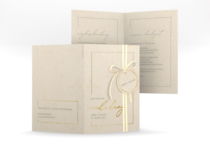 Einladungskarte Hochzeit Simple Line A6 Klappkarte hoch beige gold