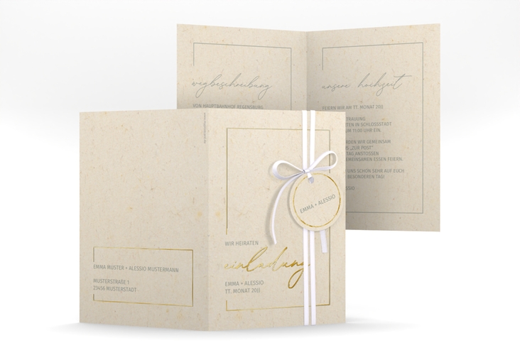 Einladungskarte Hochzeit Simple Line A6 Klappkarte hoch beige gold