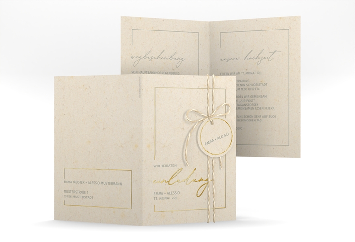 Einladungskarte Hochzeit Simple Line A6 Klappkarte hoch beige gold
