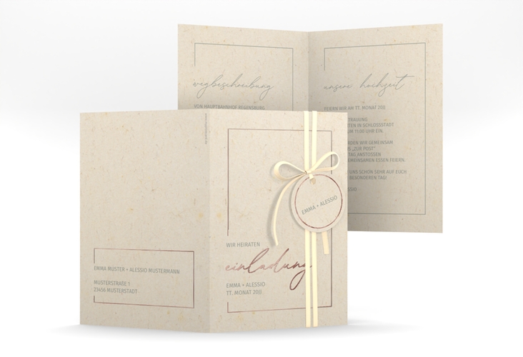 Einladungskarte Hochzeit Simple Line A6 Klappkarte hoch beige rosegold