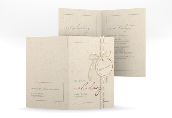 Einladungskarte Hochzeit Simple Line A6 Klappkarte hoch beige rosegold