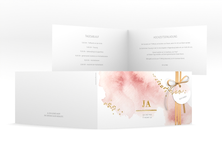 Hochzeitseinladung Pastell lange Klappkarte quer rosa gold