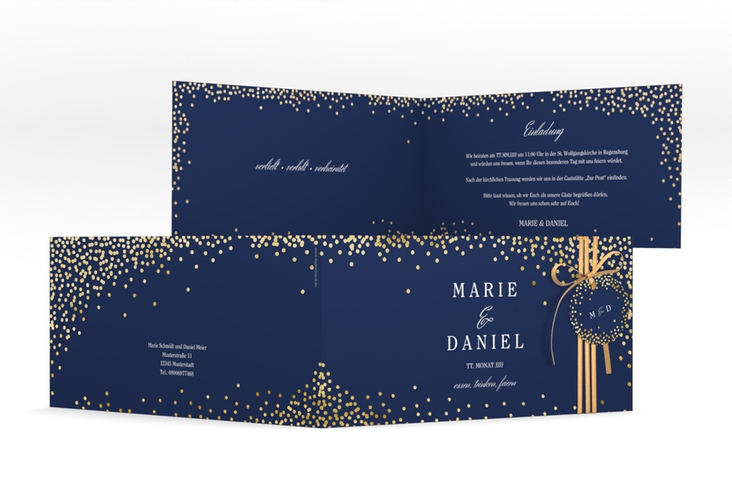 Hochzeitseinladung Glitter lange Klappkarte quer blau gold