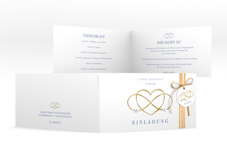 Hochzeitseinladung Infinity lange Klappkarte quer blau gold