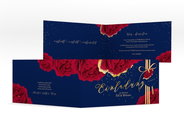 Hochzeitseinladung Cherie lange Klappkarte quer blau gold