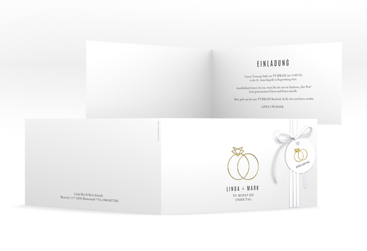 Hochzeitseinladung Rings lange Klappkarte quer weiss gold