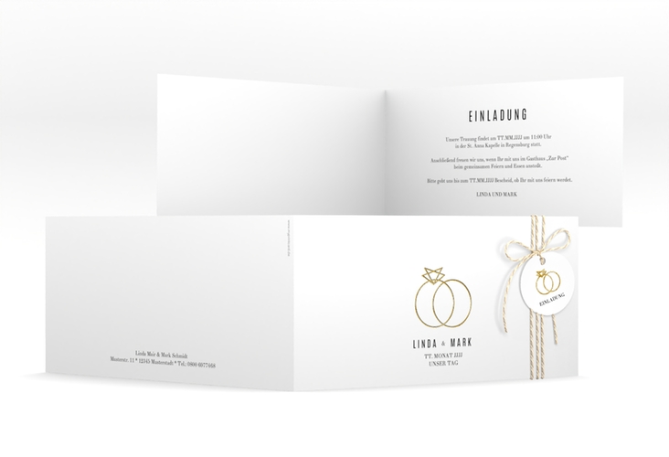 Hochzeitseinladung Rings lange Klappkarte quer weiss gold