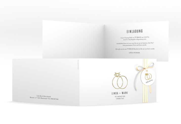 Hochzeitseinladung Rings lange Klappkarte quer weiss gold