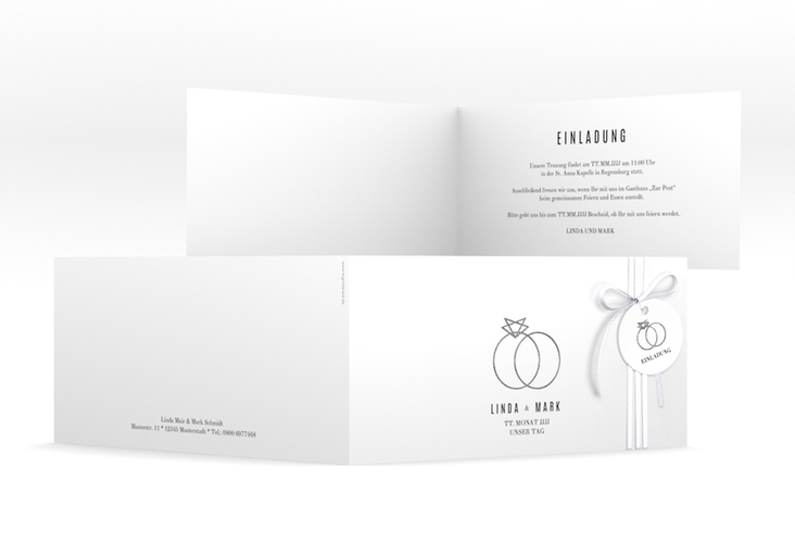 Hochzeitseinladung Rings lange Klappkarte quer weiss silber