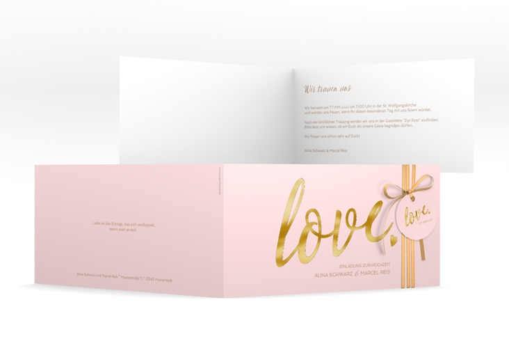 Hochzeitseinladung Glam lange Klappkarte quer rosa gold