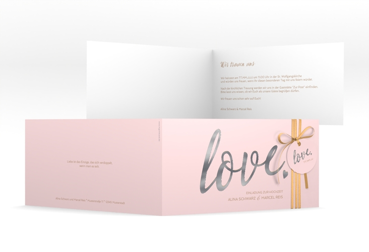 Hochzeitseinladung Glam lange Klappkarte quer rosa silber