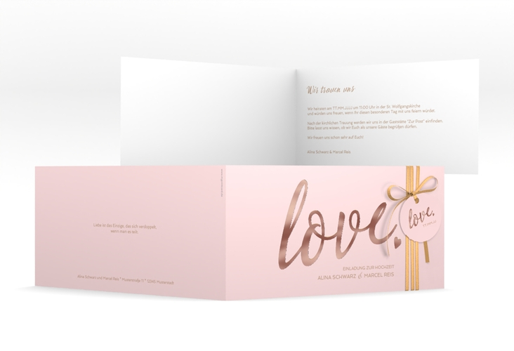 Hochzeitseinladung Glam lange Klappkarte quer rosa rosegold