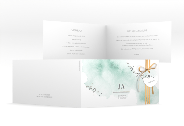 Hochzeitseinladung Pastell lange Klappkarte quer mint silber