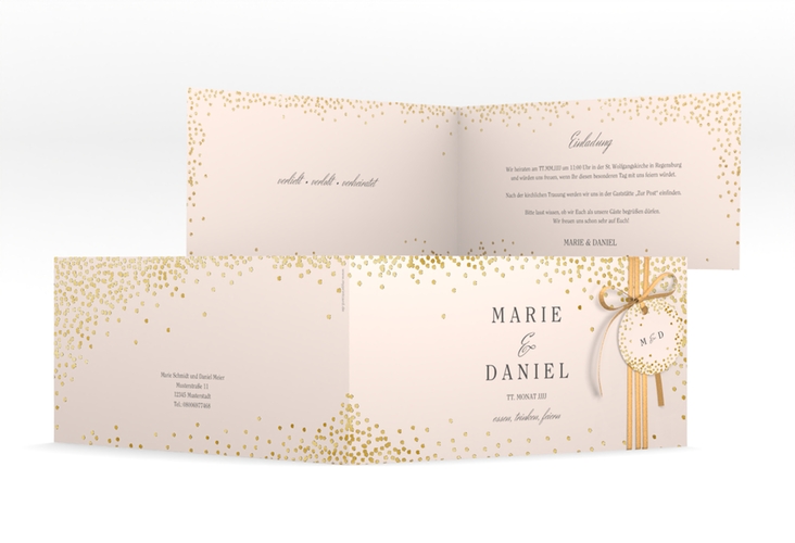 Hochzeitseinladung Glitter lange Klappkarte quer rosa gold