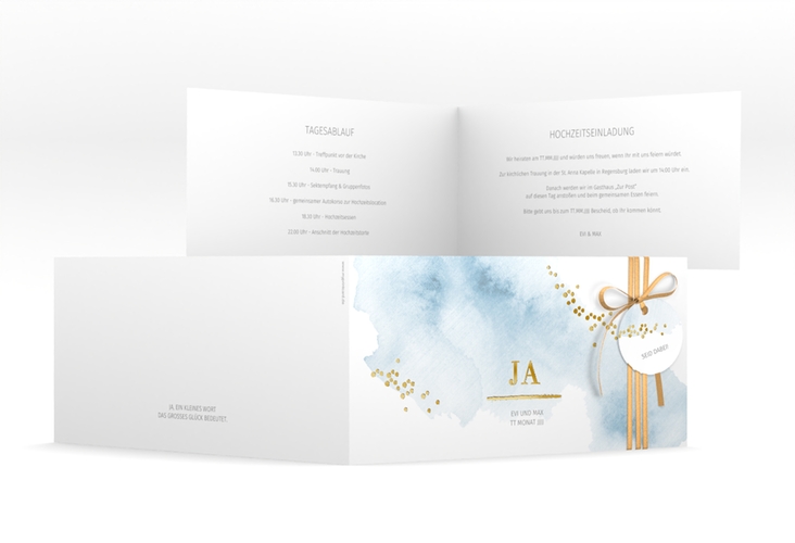 Hochzeitseinladung Pastell lange Klappkarte quer blau gold