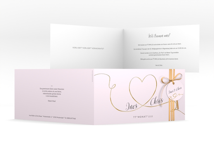 Hochzeitseinladung Dolce lange Klappkarte quer rosa gold