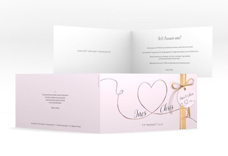 Hochzeitseinladung Dolce lange Klappkarte quer rosa rosegold