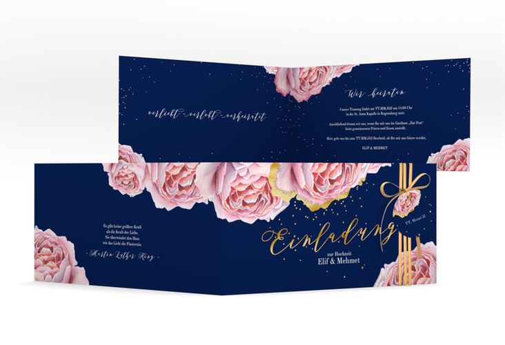 Hochzeitseinladung Cherie lange Klappkarte quer rosa gold