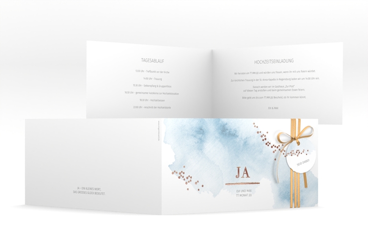 Hochzeitseinladung Pastell lange Klappkarte quer blau rosegold