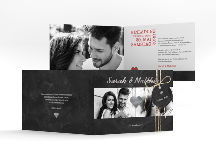 Hochzeitseinladung Sparkly A6 Klappkarte quer rot silber