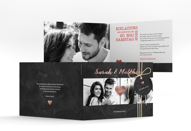 Hochzeitseinladung Sparkly A6 Klappkarte quer rot rosegold