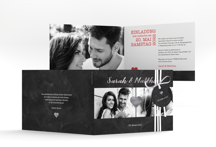 Hochzeitseinladung Sparkly A6 Klappkarte quer rot silber