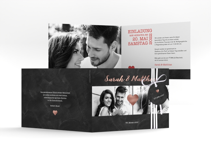 Hochzeitseinladung Sparkly A6 Klappkarte quer rot rosegold