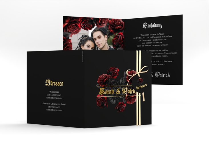 Hochzeitseinladung Gothic Rose quadr. Klappkarte schwarz gold