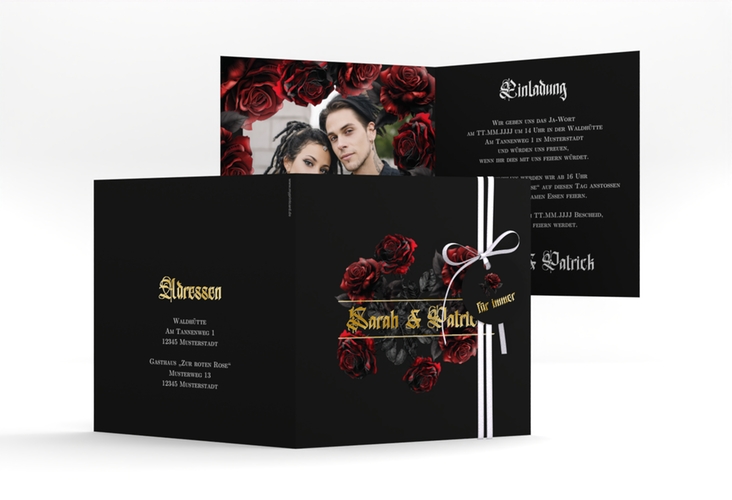 Hochzeitseinladung Gothic Rose quadr. Klappkarte schwarz gold