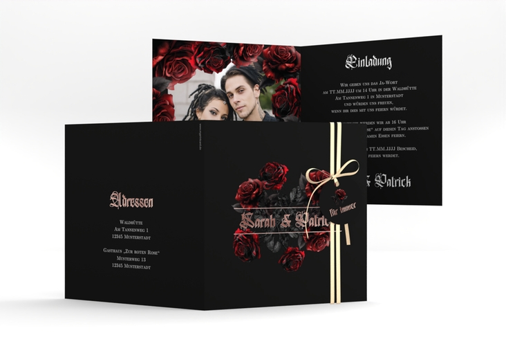 Hochzeitseinladung Gothic Rose quadr. Klappkarte schwarz rosegold