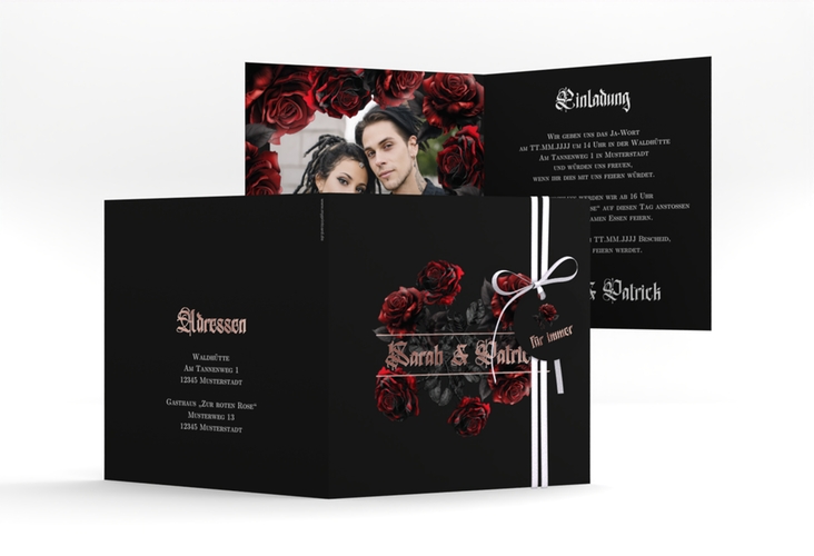 Hochzeitseinladung Gothic Rose quadr. Klappkarte schwarz rosegold